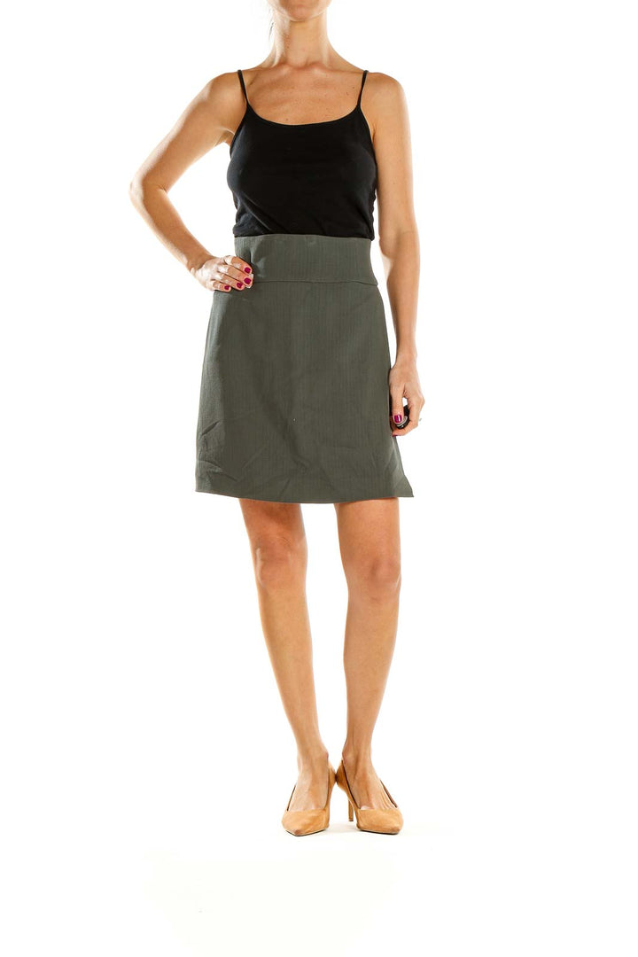 Front view of Emporio Armani olive A-line mini skirt