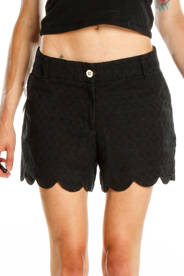 Black Textured Scallop Trim Shorts