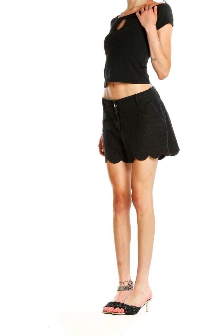 Black Textured Scallop Trim Shorts