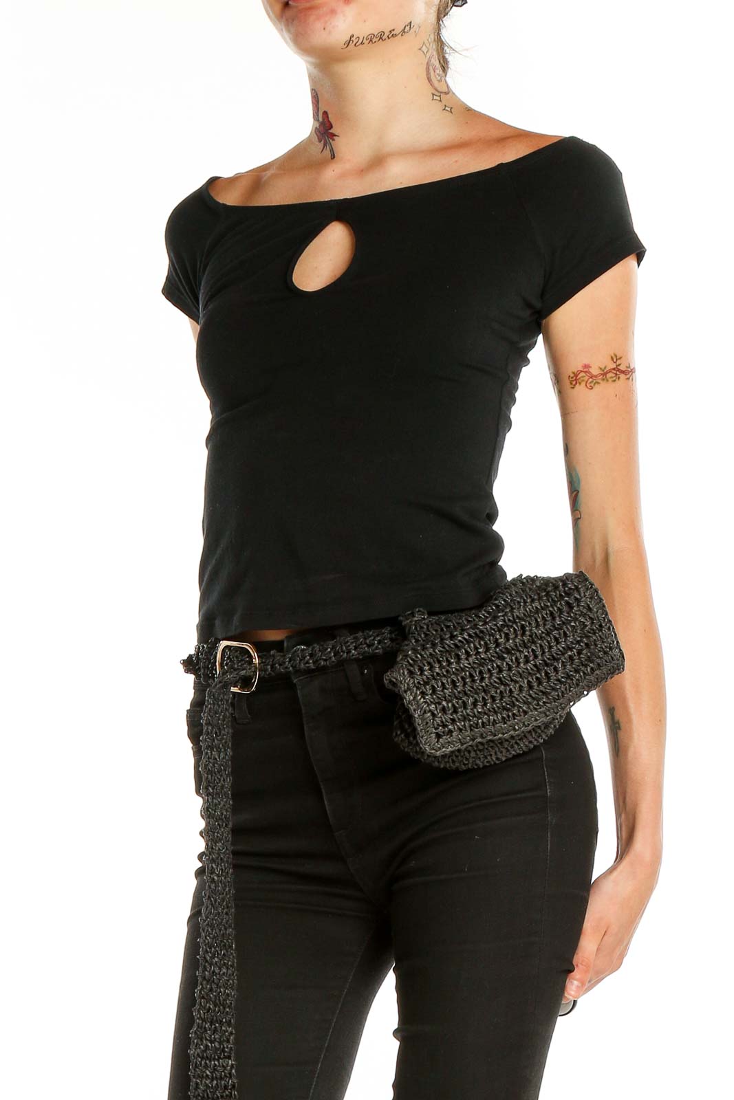 Front view of Society Amuse black crochet crossbody bag with foldover design