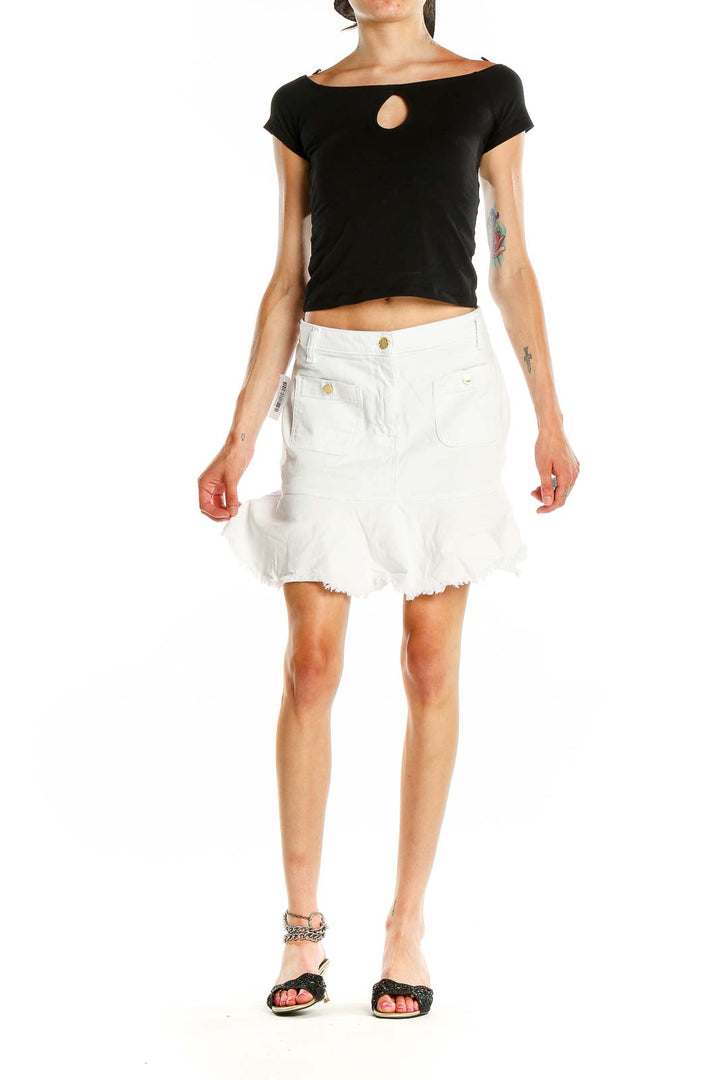 Front view of MICHAEL Michael Kors white flared denim mini skirt with frayed hem