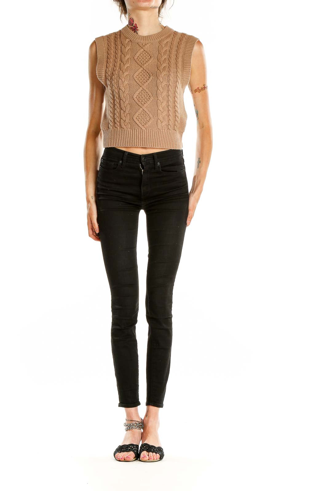 Front view of Wilfred camel cable knit sleeveless cropped sweater