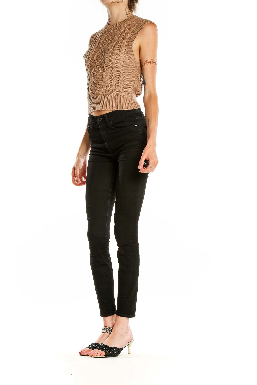 Front view of Wilfred camel cable knit sleeveless cropped sweater