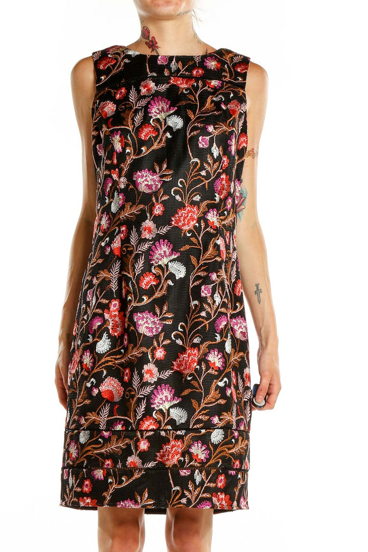 Front view of Black Floral Embroidered Sleeveless Dress by White House Black Market