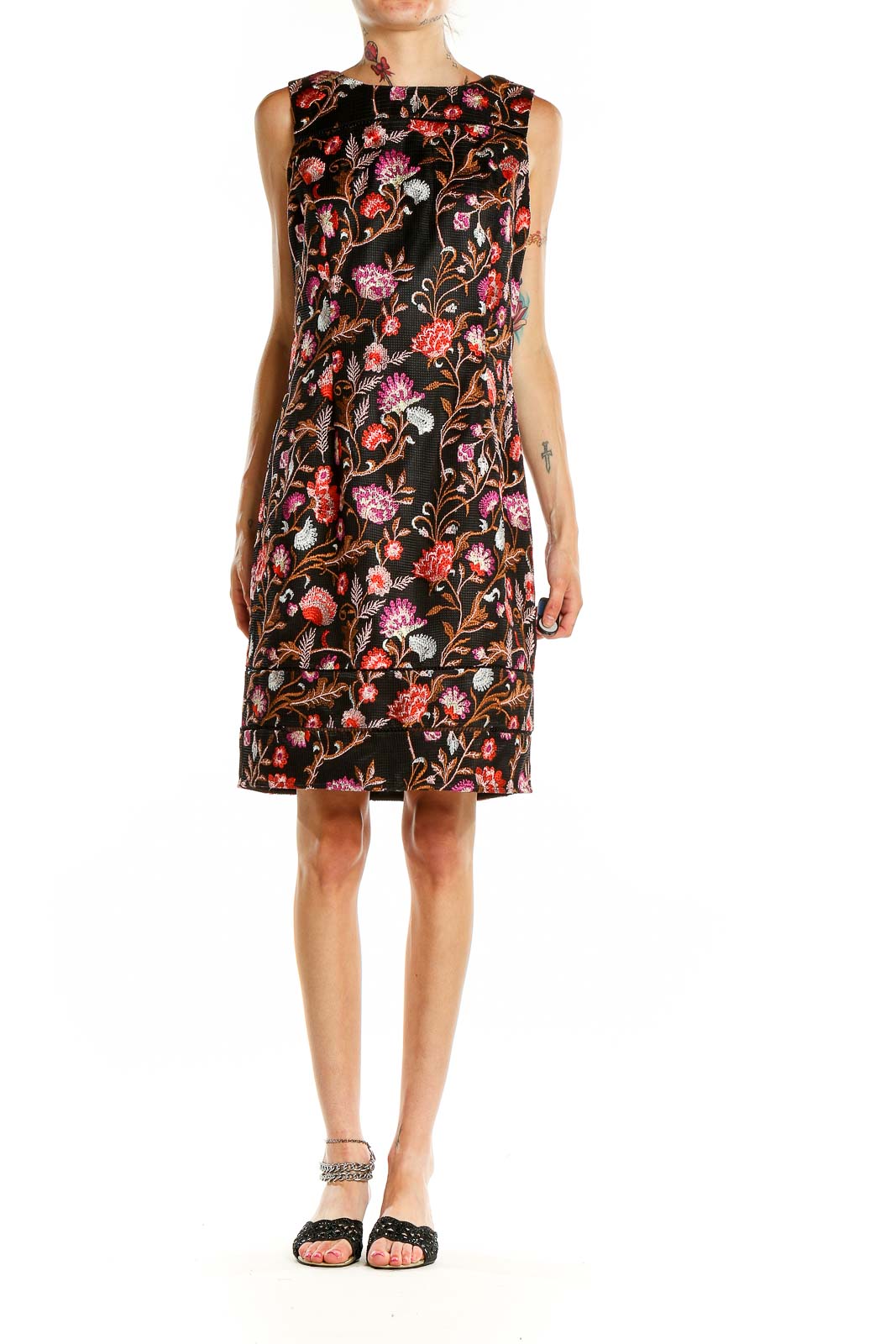 Front view of Black Floral Embroidered Sleeveless Dress by White House Black Market