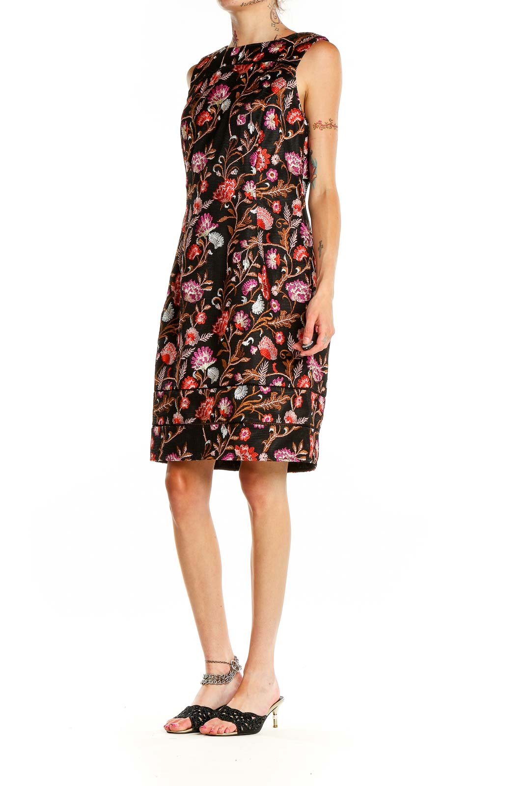 Front view of Black Floral Embroidered Sleeveless Dress by White House Black Market