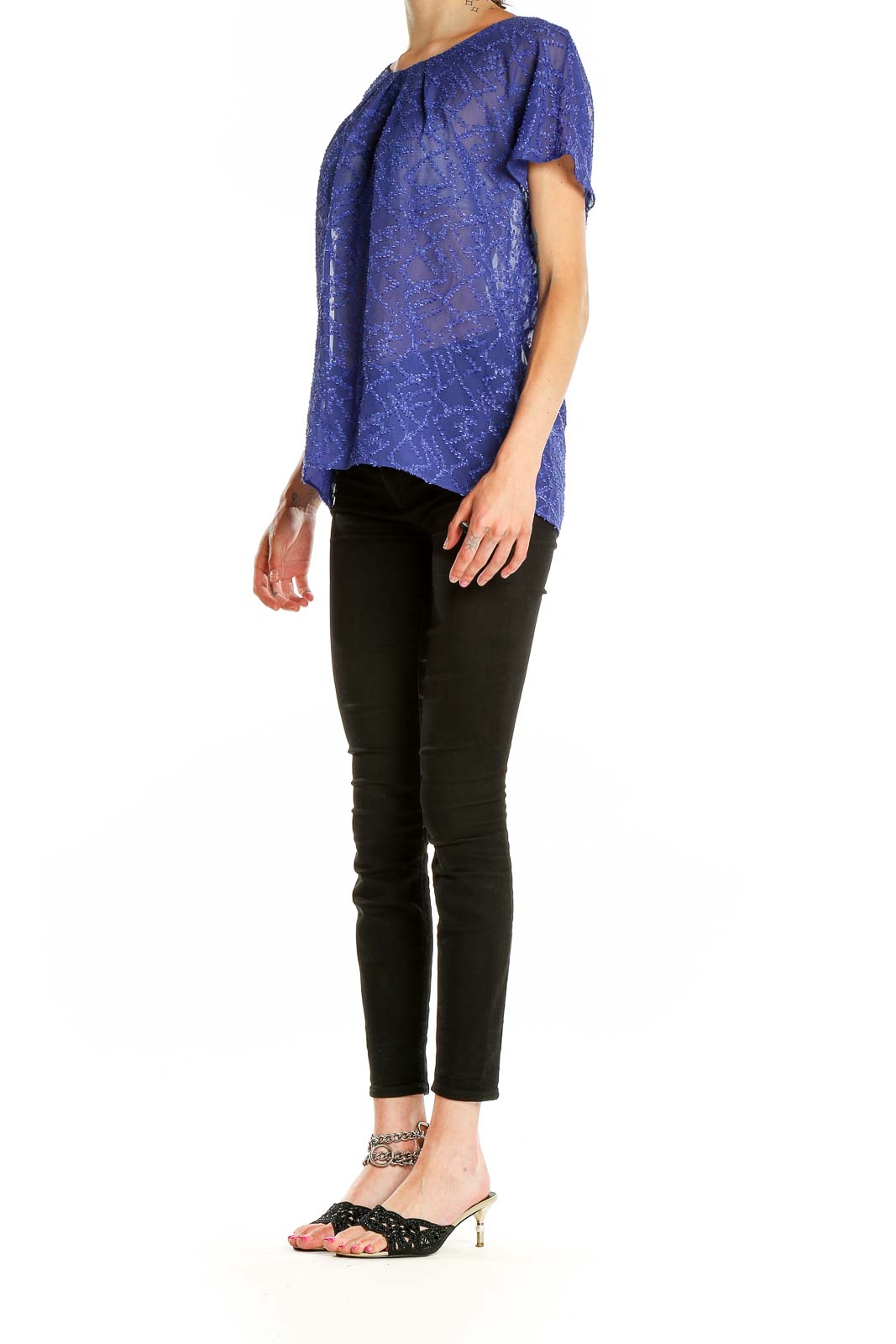 Blue Textured Semi-Sheer Blouse