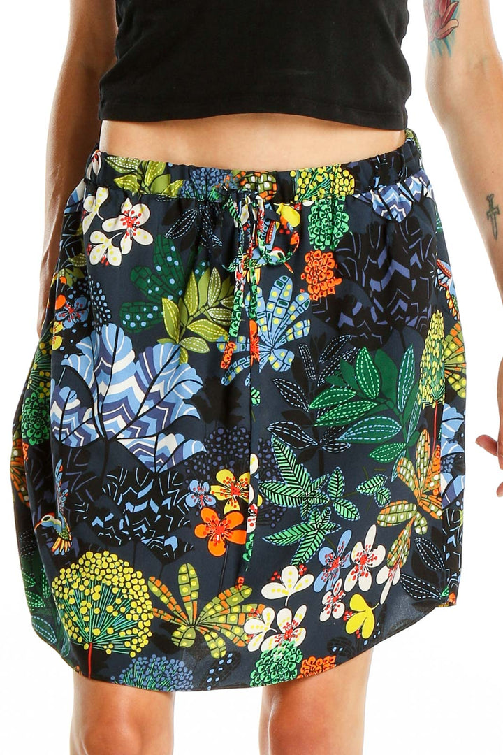 Front view of LOFT multicolor floral print skirt with elastic waistband