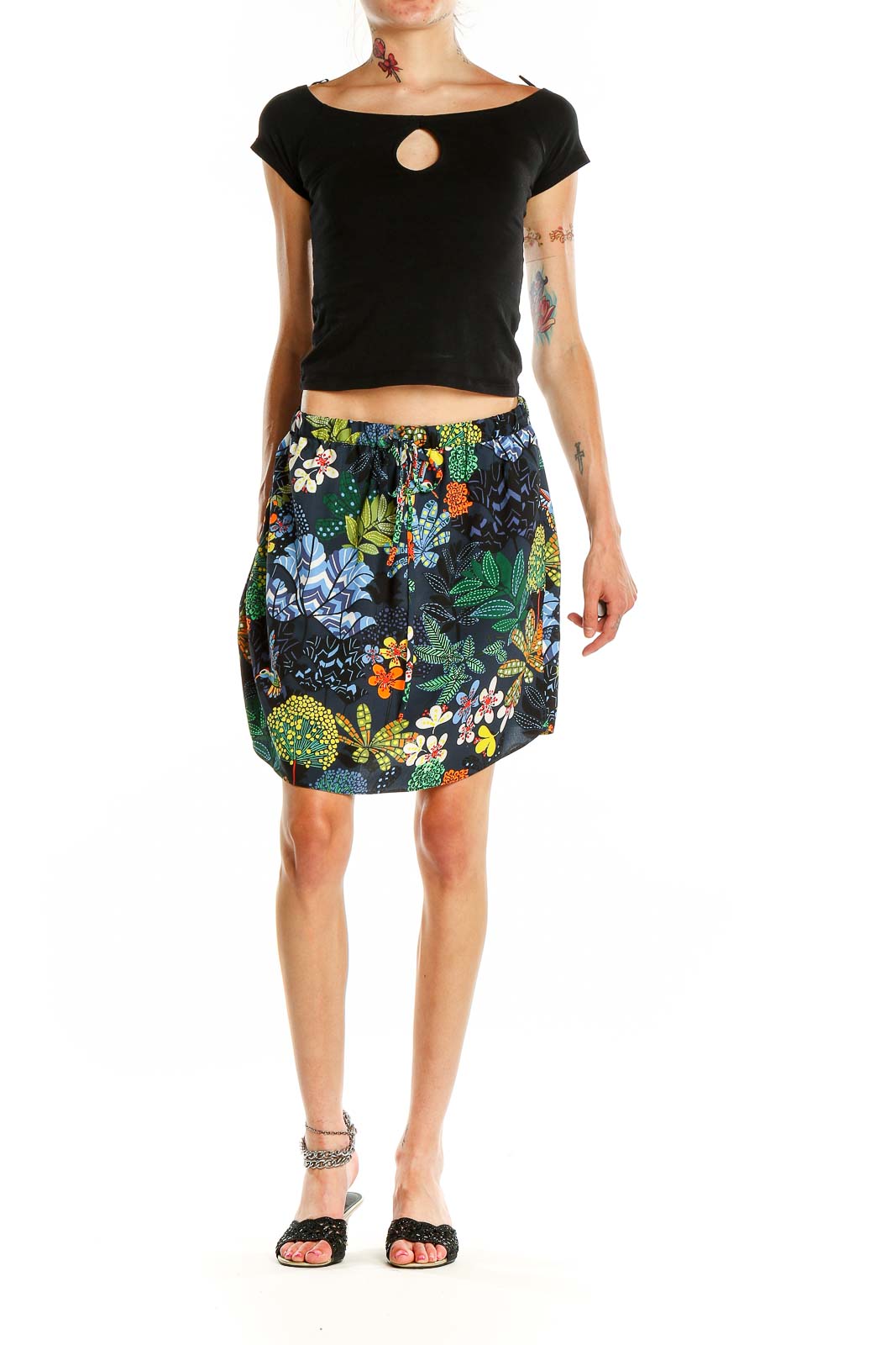 Front view of LOFT multicolor floral print skirt with elastic waistband