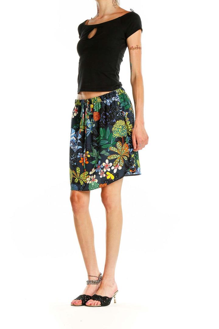 Front view of LOFT multicolor floral print skirt with elastic waistband