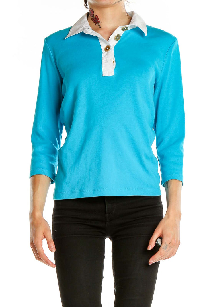 Front view of Lauren Ralph Lauren turquoise 3/4 sleeve polo top with white collar