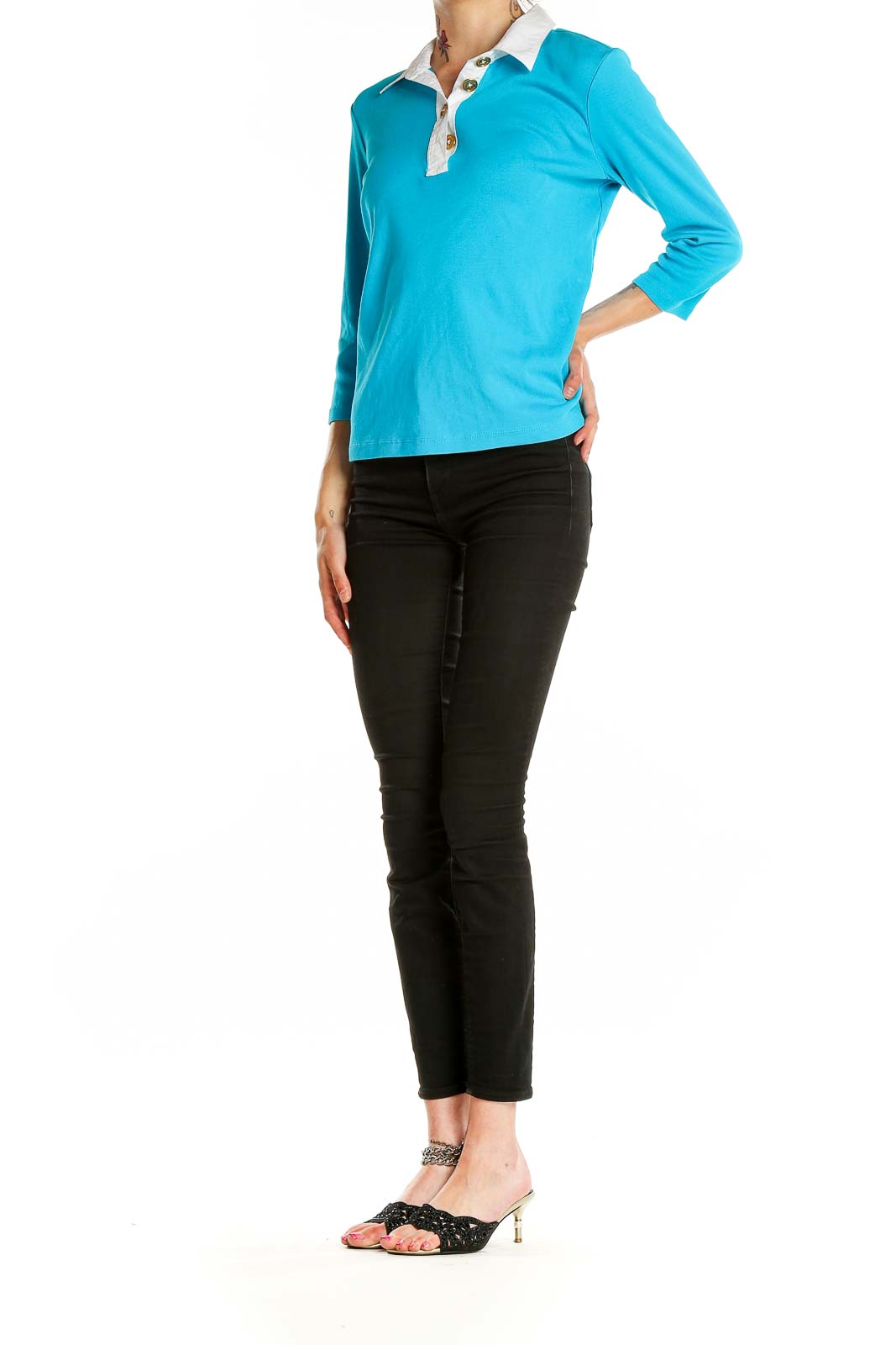 Front view of Lauren Ralph Lauren turquoise 3/4 sleeve polo top with white collar