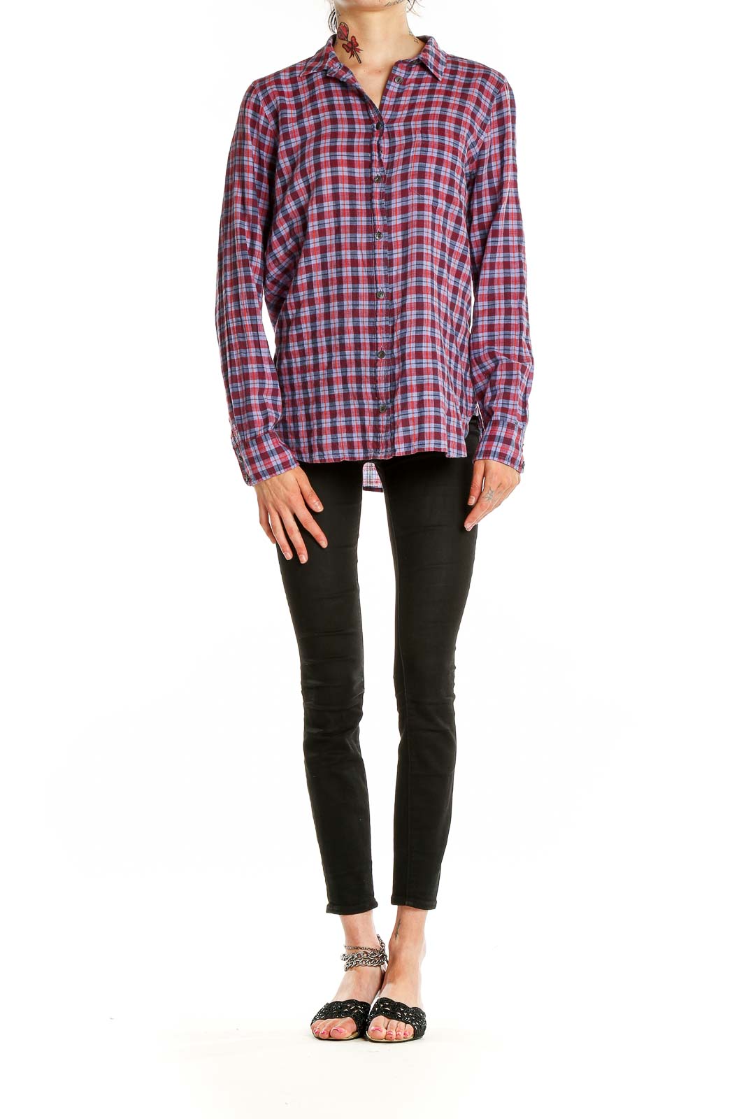 Front view of J.Crew red plaid button-down shirt