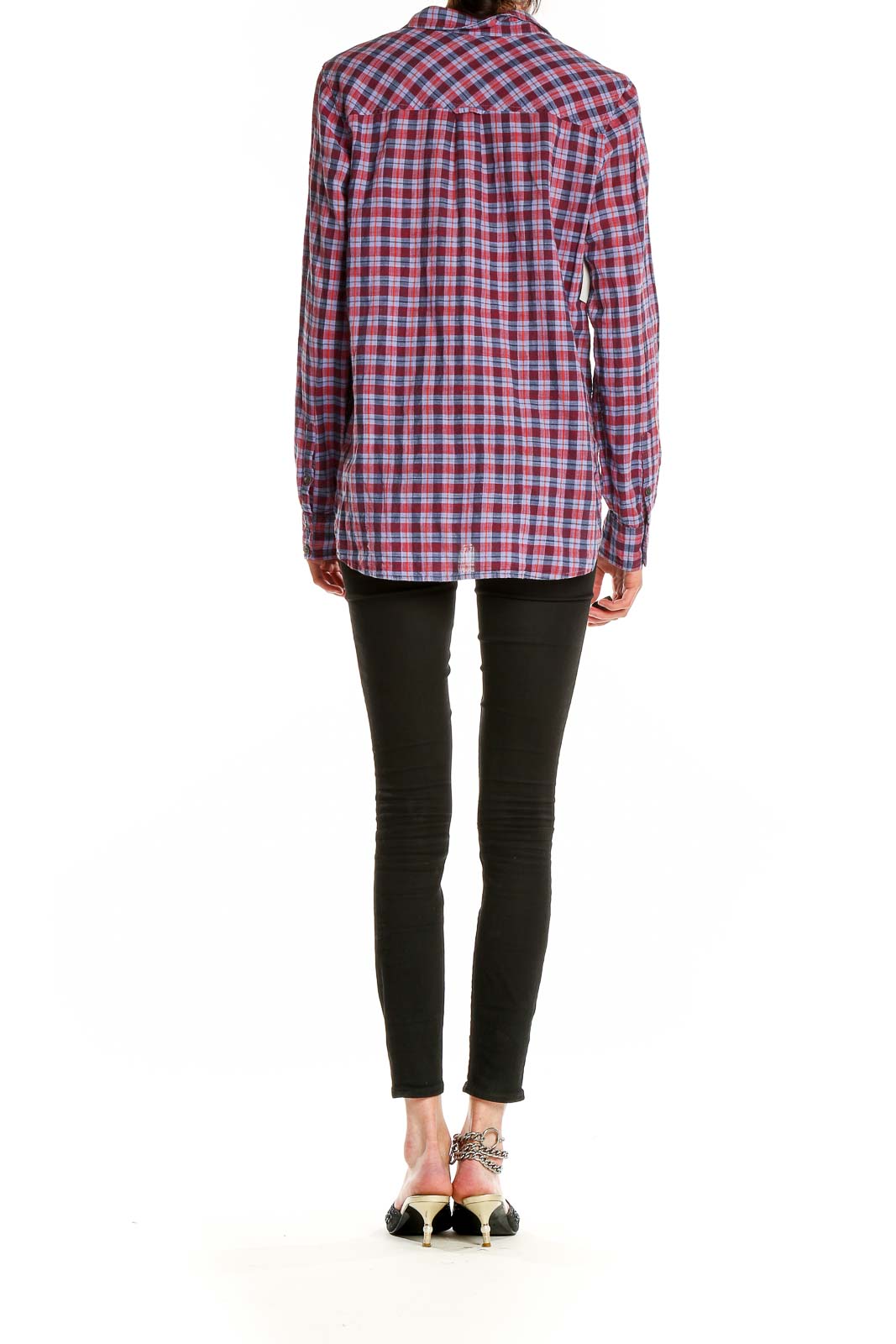 Back view of J.Crew red plaid button-down shirt on model