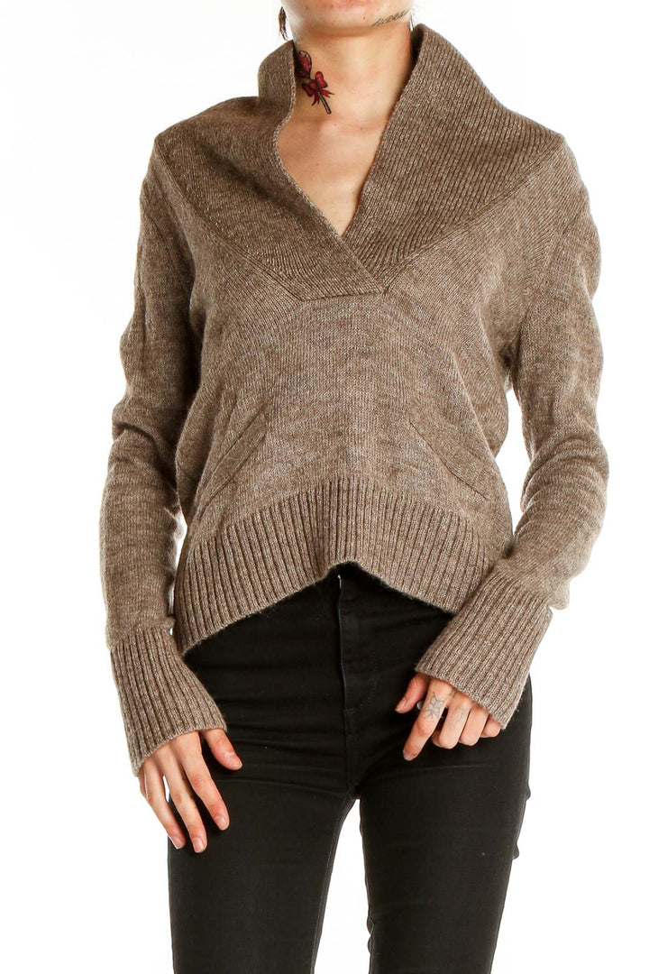 Front view of J.Crew brown V-neck ribbed sweater on model