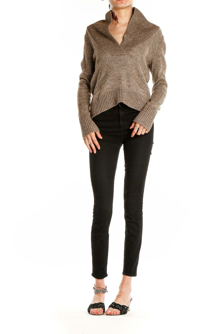 Front view of J.Crew brown V-neck ribbed sweater on model