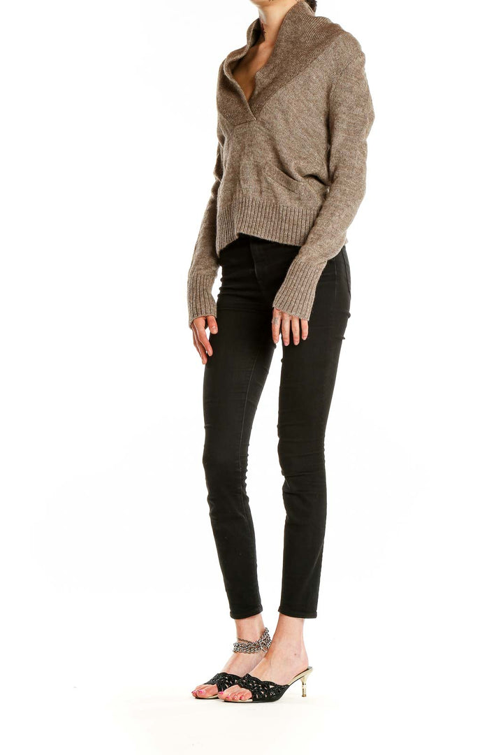 Front view of J.Crew brown V-neck ribbed sweater on model