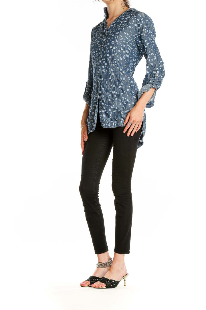 Front view of NIC + ZOE blue patterned button-down shirt