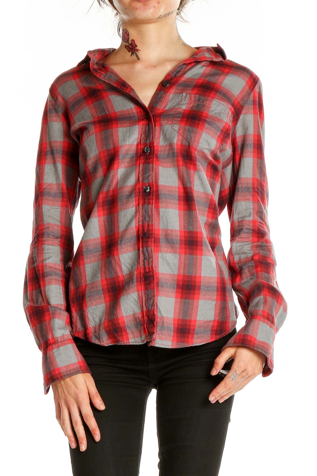 Front view of J.Crew red plaid button-down shirt on model