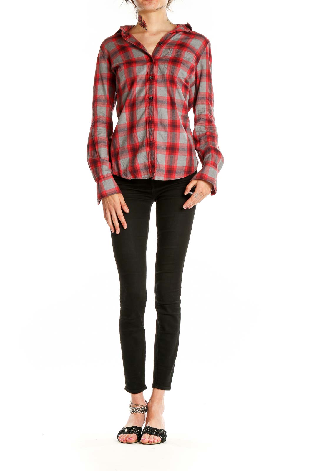 Front view of J.Crew red plaid button-down shirt on model