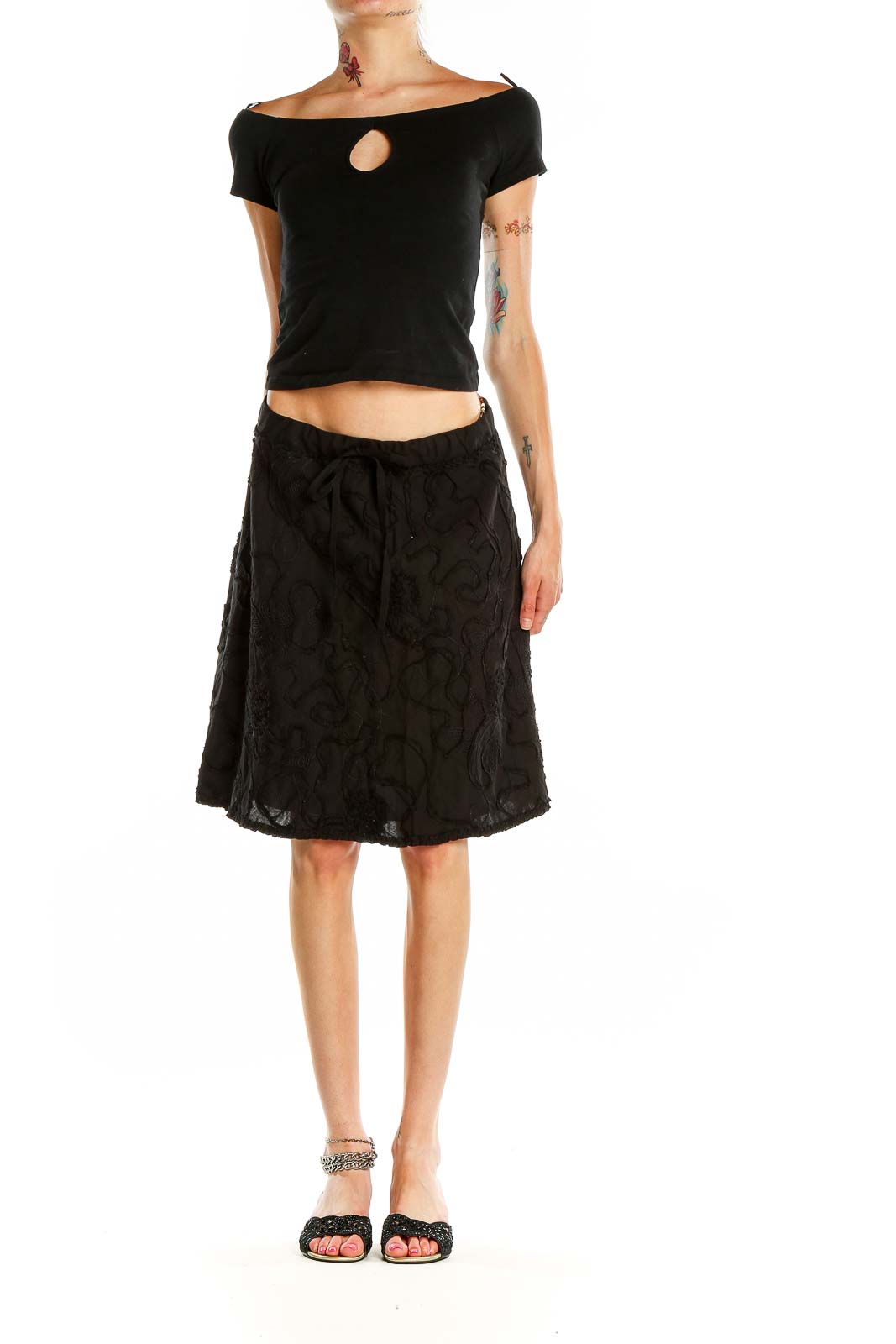 Front view of Max Studio black floral embroidered A-line skirt