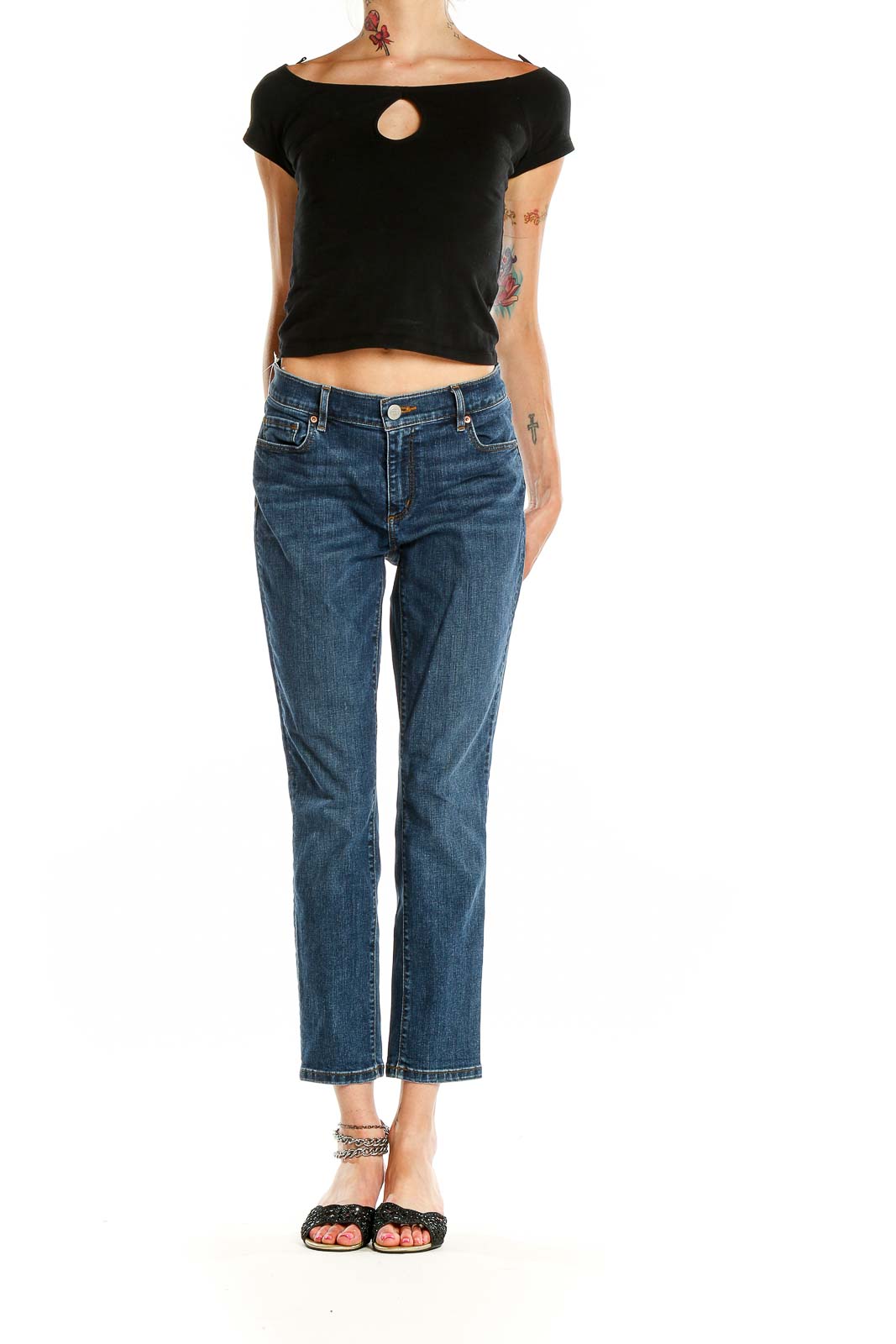 Front view of LOFT blue cropped straight leg jeans on model