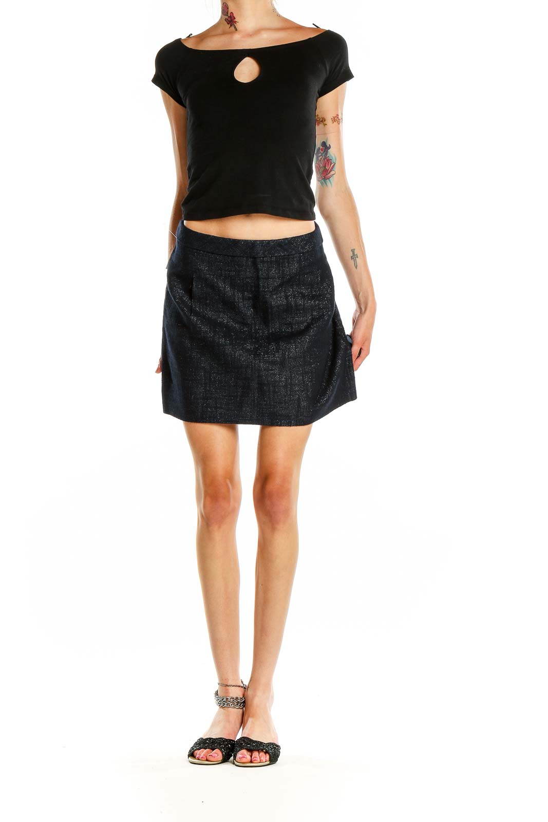 Front view of J.Crew navy textured mini skirt