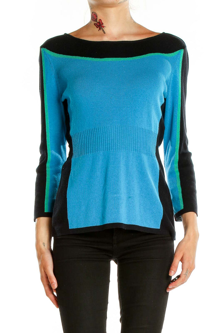 Front view of NIC + ZOE blue and black color block knit sweater with boat neckline