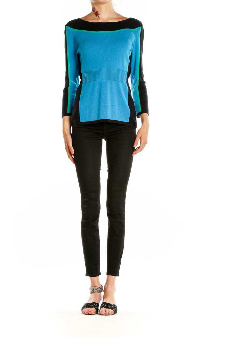 Front view of NIC + ZOE blue and black color block knit sweater with boat neckline