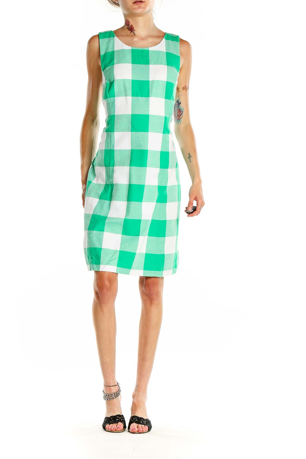 Front view of Green and White Gingham Sleeveless Dress by Crown & Ivy