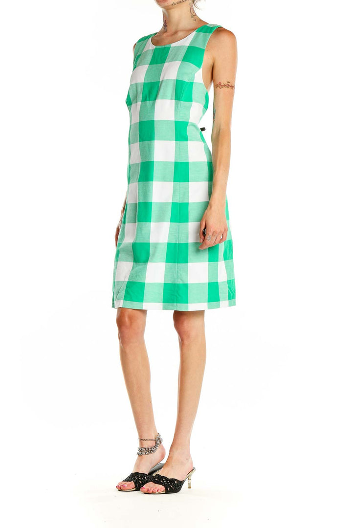 Front view of Green and White Gingham Sleeveless Dress by Crown & Ivy