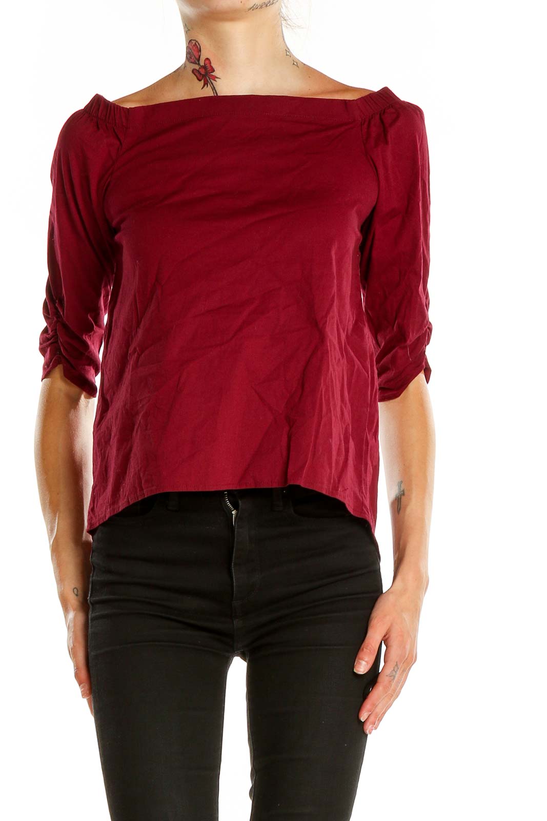 Front view of burgundy off-shoulder top with ruched sleeves