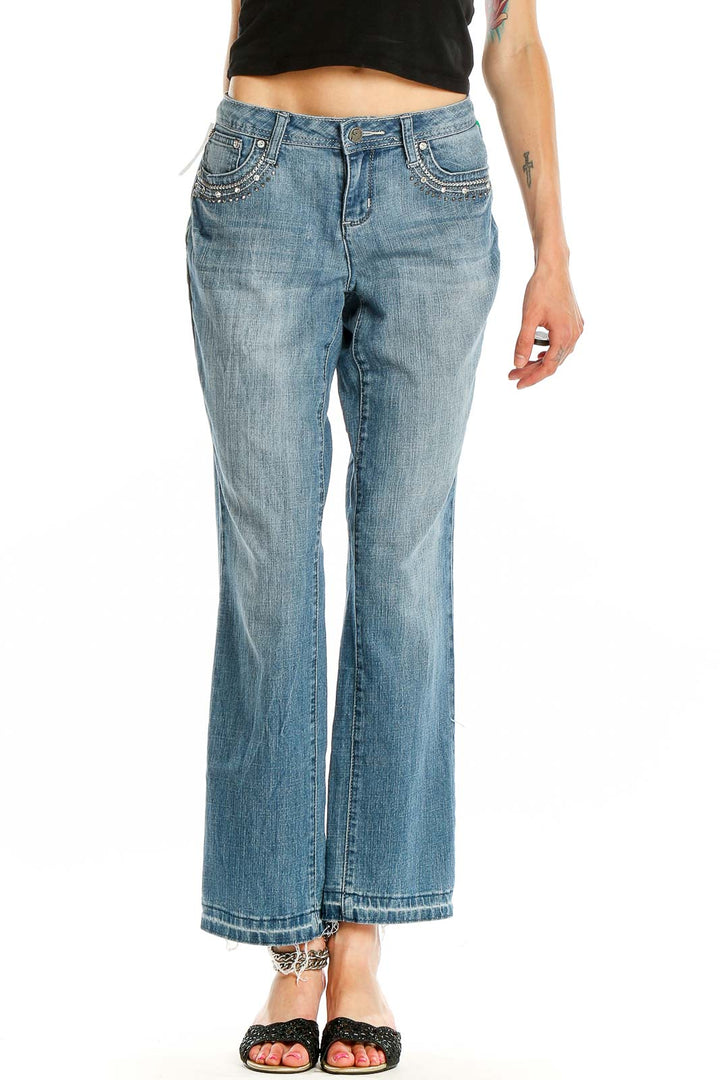 Front view of Earl Jeans light blue bootcut jeans on model