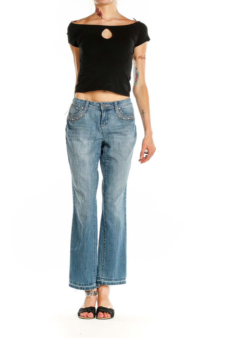 Front view of Earl Jeans light blue bootcut jeans on model