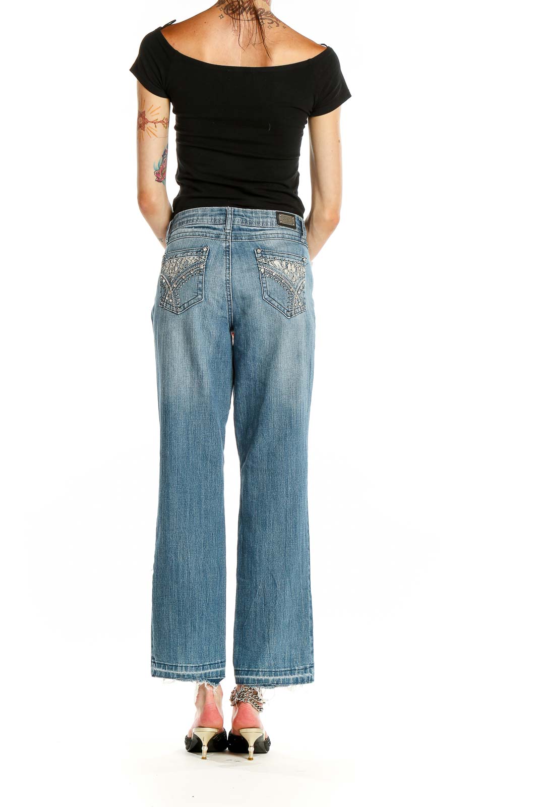 Back view of Earl Jeans light blue bootcut jeans on model