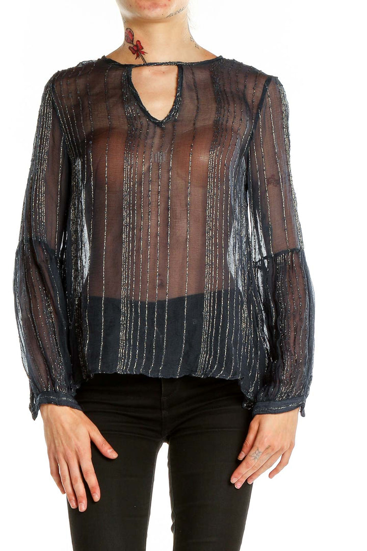 Front view of Love Sam black sheer blouse with metallic stripes and keyhole neckline