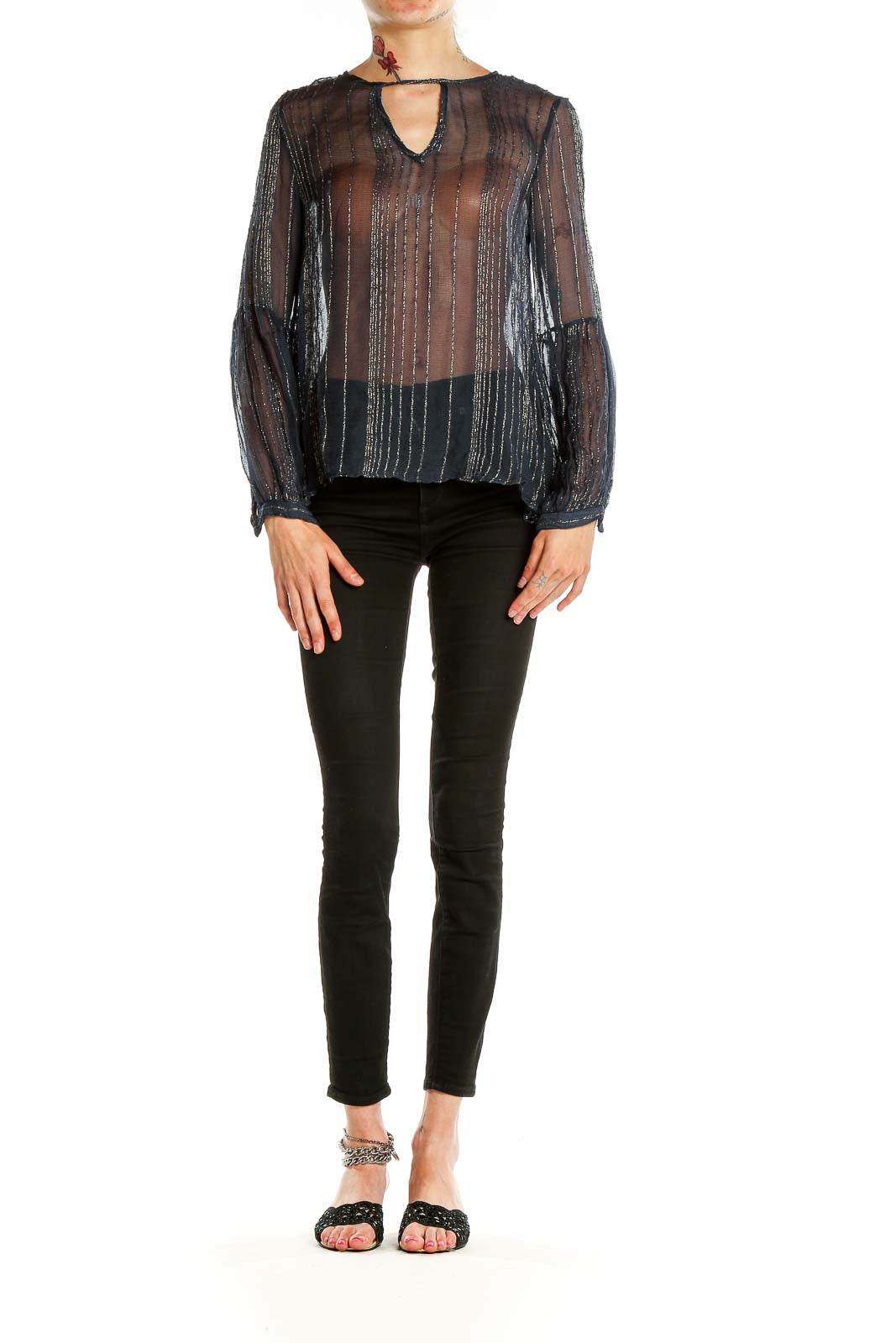 Front view of Love Sam black sheer blouse with metallic stripes and keyhole neckline