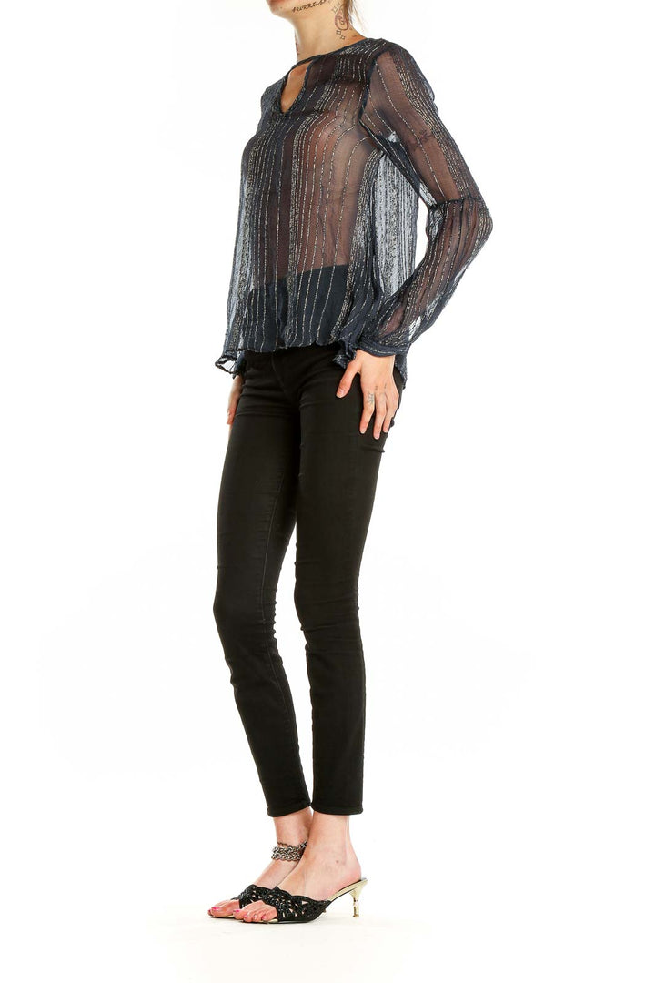 Front view of Love Sam black sheer blouse with metallic stripes and keyhole neckline