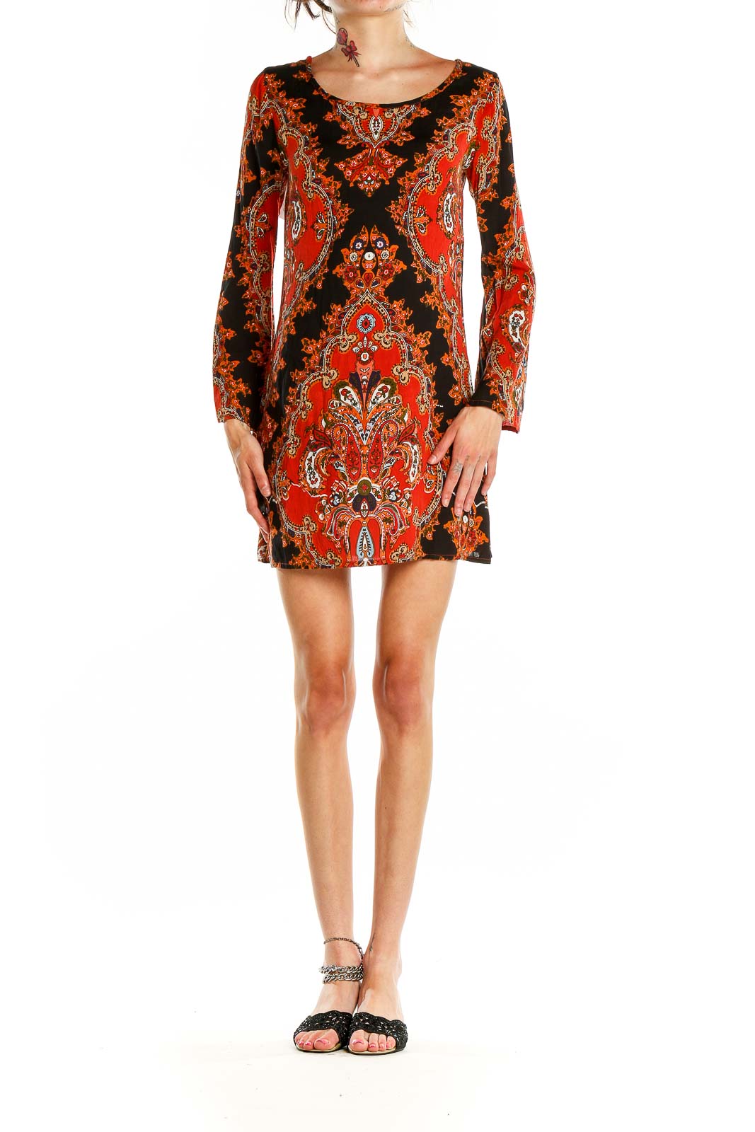 Front view of Raga red paisley print long sleeve mini dress