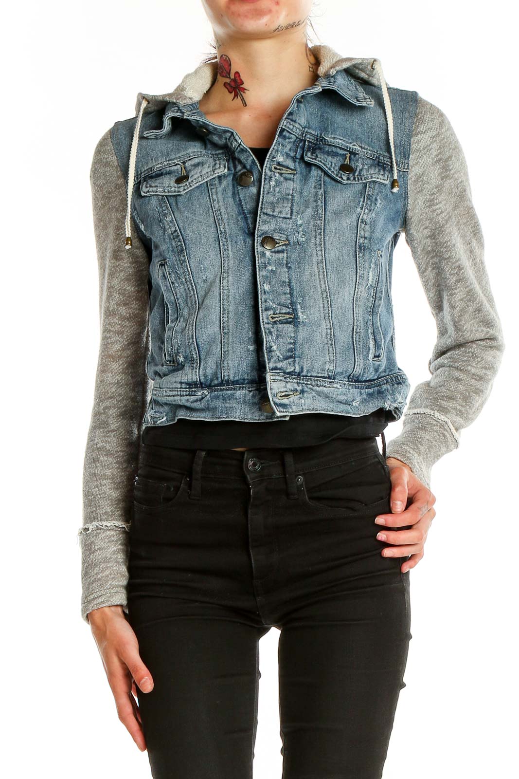 Front view of Free People Blue Denim Hooded Jacket with gray knit sleeves