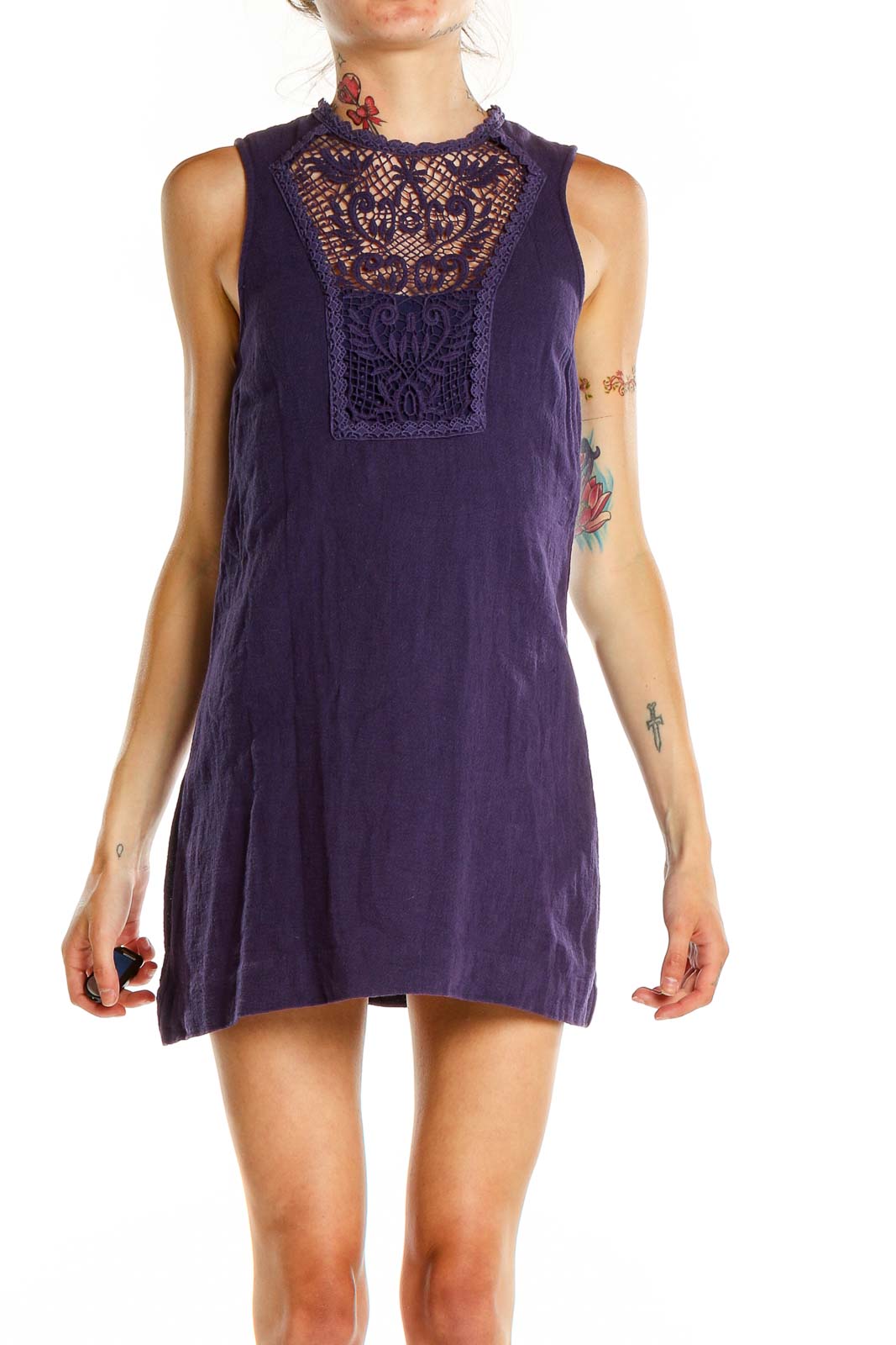 Front view of purple Free People mini dress with lace crochet panel