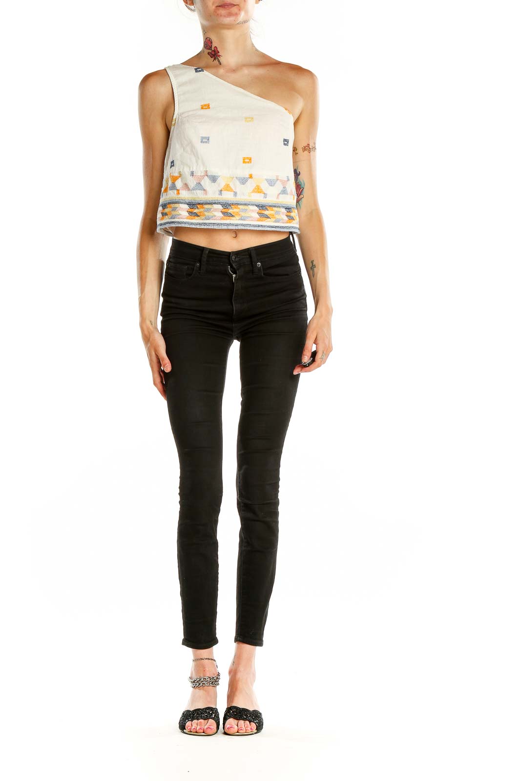 Front view of Free People white one-shoulder embroidered crop top