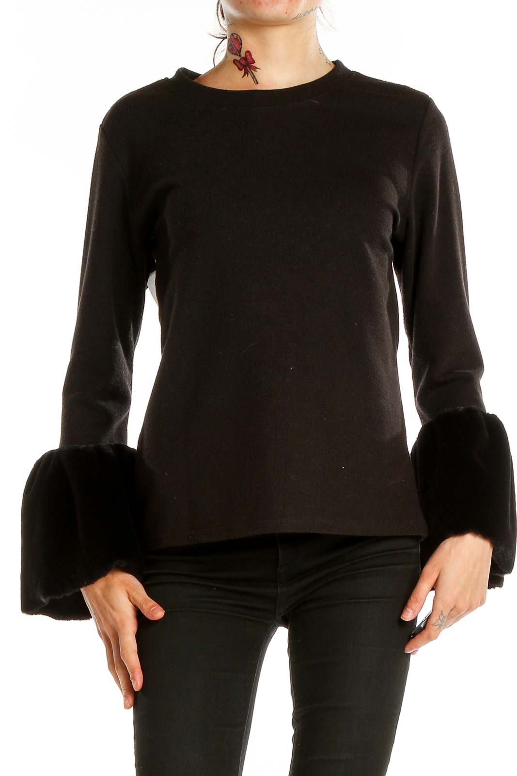 Front view of Beulah black knit sweater with fur cuffs