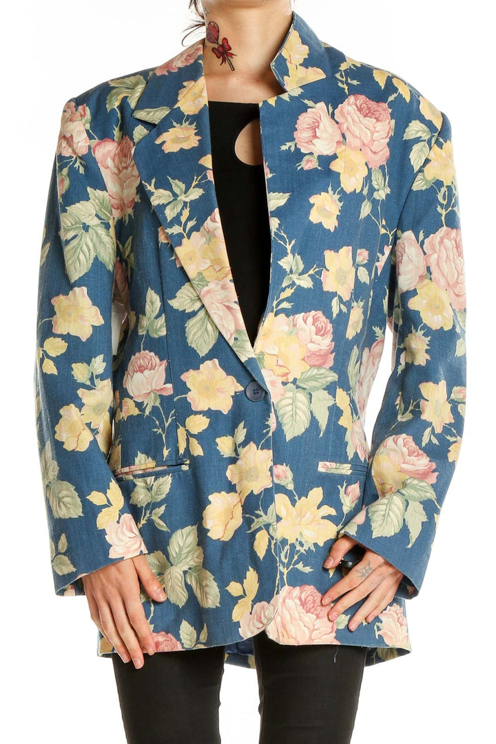 Front view of Leslie Fay Sportswear blue floral oversized blazer with rose print