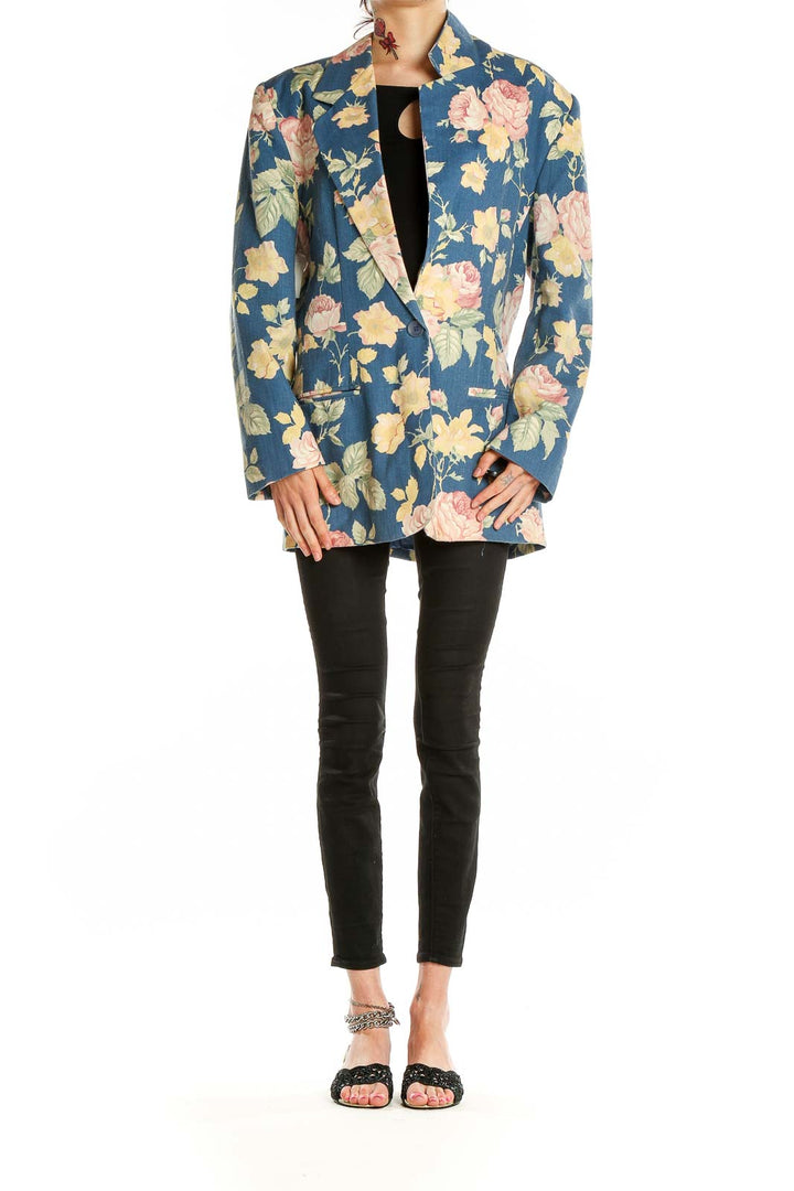 Front view of Leslie Fay Sportswear blue floral oversized blazer with rose print