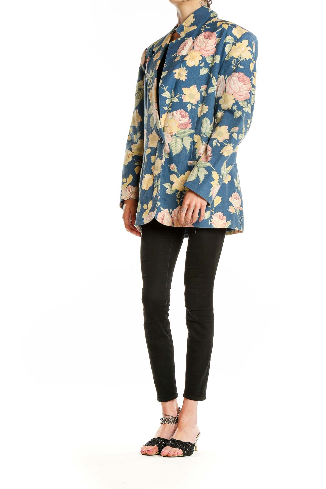 Front view of Leslie Fay Sportswear blue floral oversized blazer with rose print