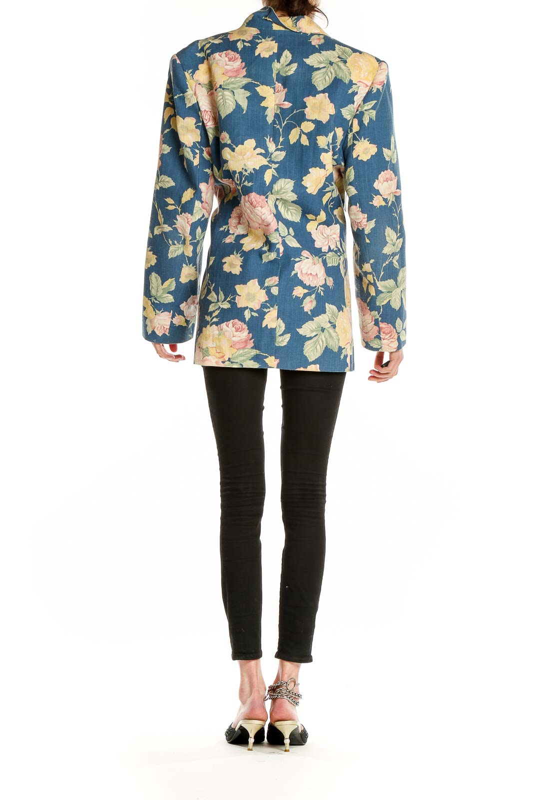 Back view of Leslie Fay Sportswear blue floral oversized blazer showing full length and pattern