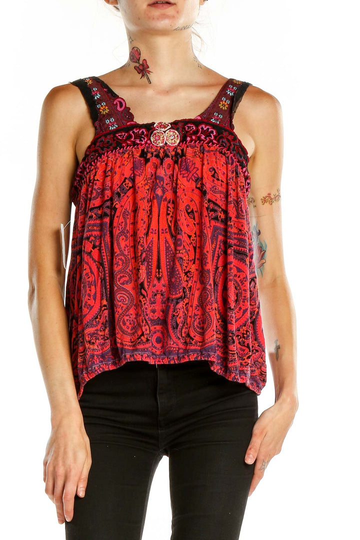 Front view of Free People red paisley embroidered tank top