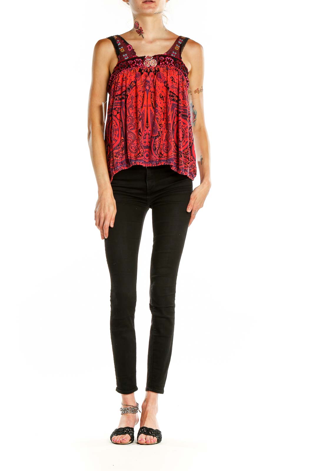 Front view of Free People red paisley embroidered tank top