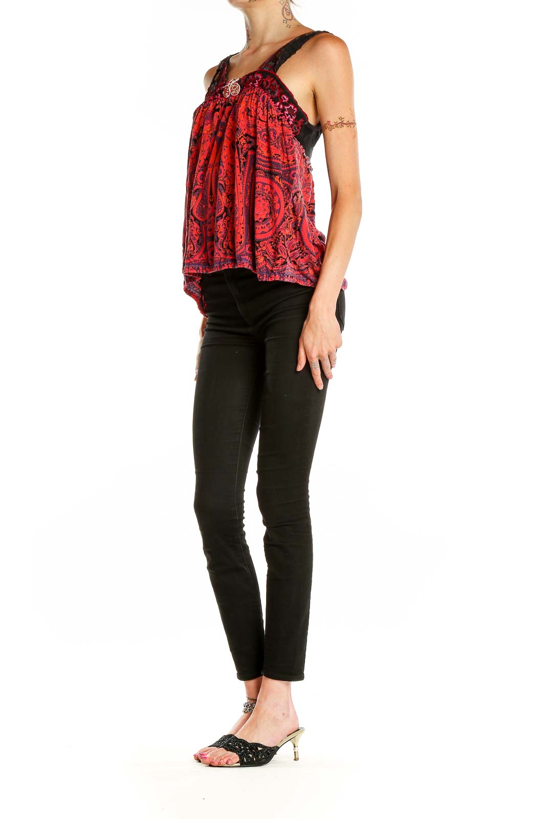 Front view of Free People red paisley embroidered tank top